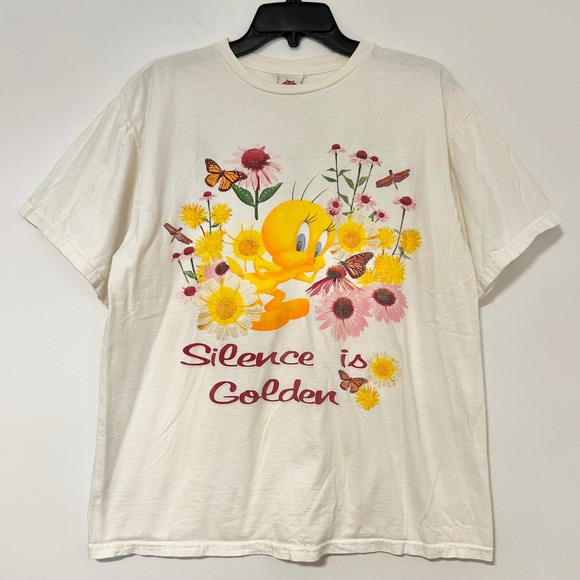 Looney Tunes Tops - Vintage 1998 Looney Tunes Tweety Bird Silence is Golden Floral T-Shirt Cream L